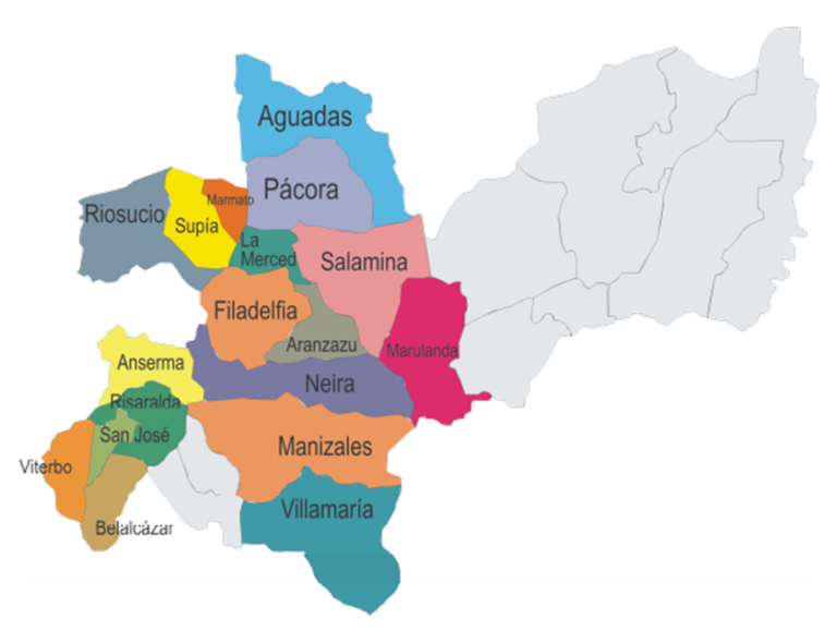 Mapa de municipios de Caldas en los que la CCMPC tiene jurisdicción.